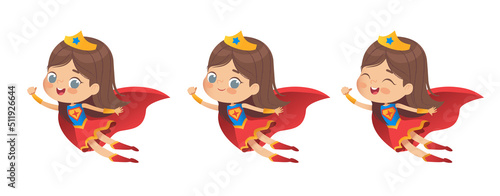 Flying Brown Hair Girl wearing colorful costumes of superheroe, isolated on white background. Cartoon vector characters of Kid Superheroes, for party, invitations, web, mascot