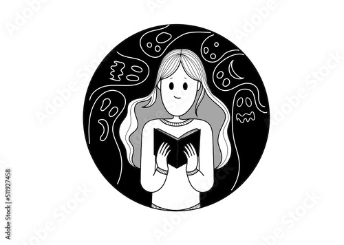 Cute girl is reading a scary book. Vector contour flat illustration in a circle.