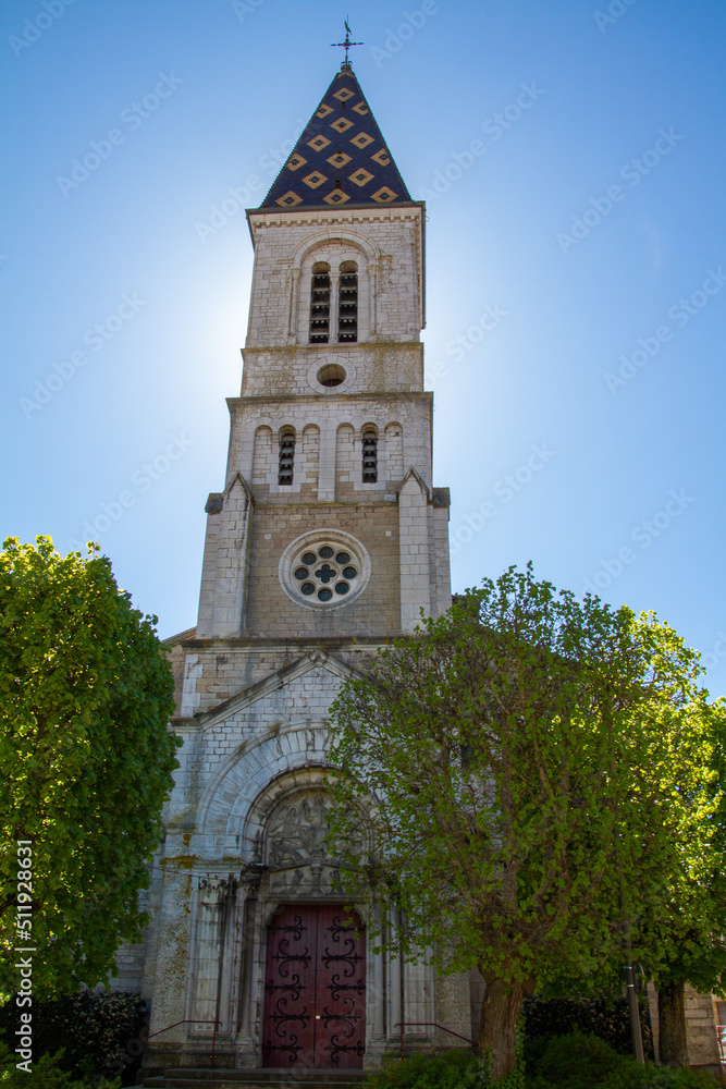 Nuits-Saint-Georges, France, April 17, 2022. Facade of the Saint Denis church