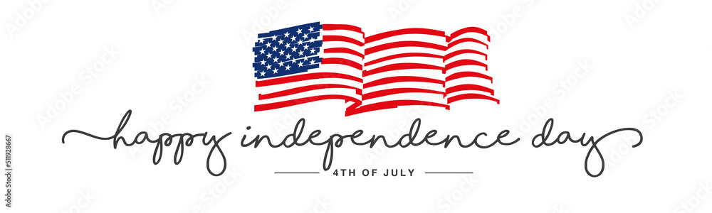 Independence Day Happy 4th of july handwritten typography calligraphy USA abstract wavy long drawn flag white background - obrazy, fototapety, plakaty 