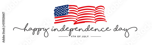 Independence Day Happy 4th of july handwritten typography calligraphy USA abstract wavy long drawn flag white background