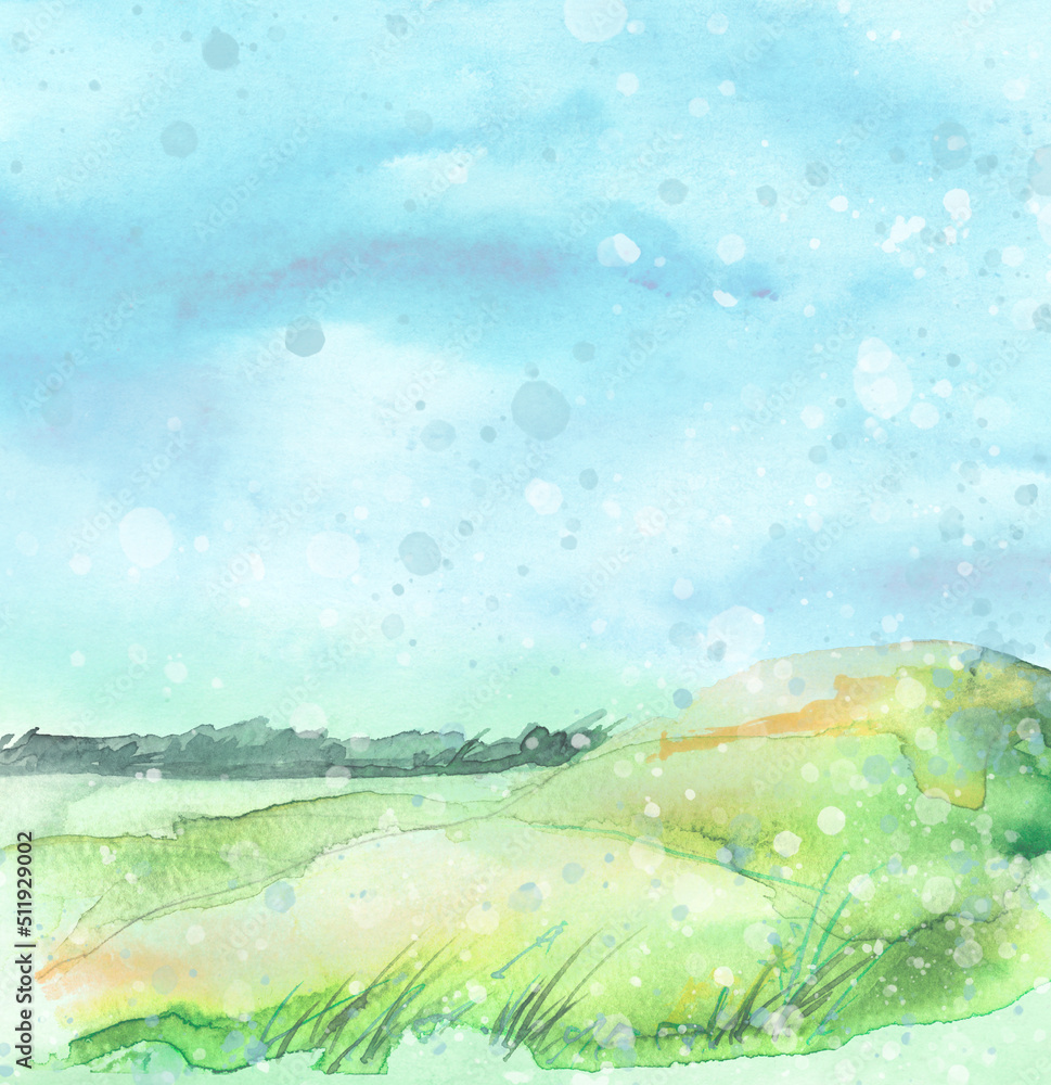 Watercolor field, meadow, countryside card, postcard, invitation. Watercolor illustration of a summer landscape with clouds and grass field meadow. Painted landscape background. Watercolor logo 