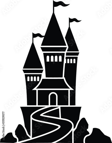 Black and White Cartoon Illustration Vector of a Palace Castle Building with Spires and Flags on a Hill with a Road Architecture