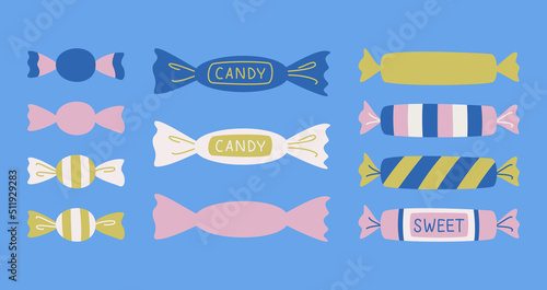Set of vector candy bars illustrations. Collection of multicolor stylish sweet candies icons.