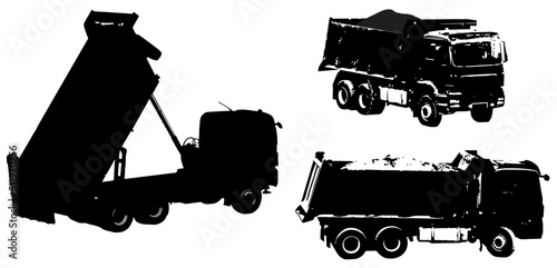 Set of dump truck silhouettes isolated on white background. Trucks with soil in the body and with a raised empty body. Vector illustration.