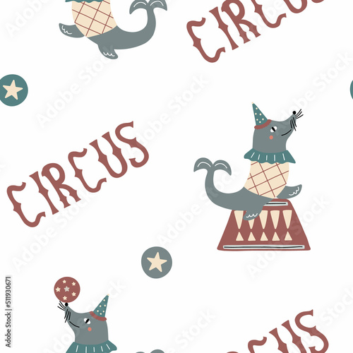 Seamless pattern with a circus seal on a pedestal and with a ball. Vector illustration isolated on white background for textile and nursery decoration.