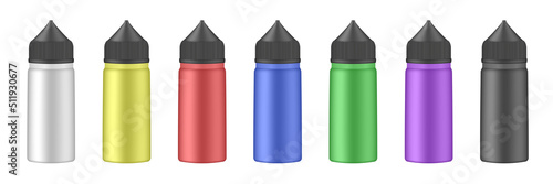 Set of e-liquid bottles for vaping. Vape liquid droppers. White, yellow, red, blue, green, purple and black