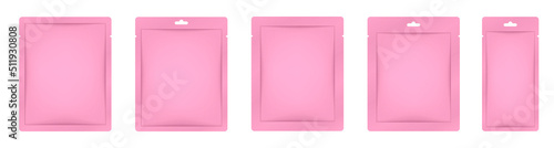 Pink paper sachet or pouch. Vector bags mockup, wet wipes paper or foil packs. Cosmetics samples. Moisturizing sheet face mask. Realistic 3d mock up set