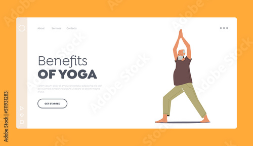 Benefits of Yoga Landing Page Template. Elderly Male Character Stand with Joined Palms in Yoga Asana Pose