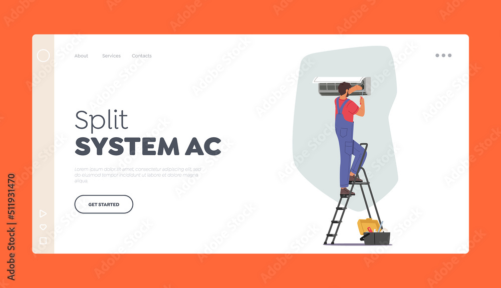 Split System Ac Landing Page Template. Electrician Master Repair Broken Conditioner. Male Character Fix Cooling System