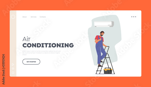 Air Conditioning Landing Page Template. Specialist Character in Uniform Show Thumb Up after Conditioner Installation