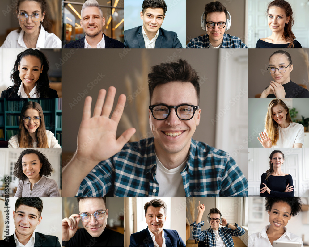 A video call screen for colleagues at an online conference for communication. A lot of people chat A video call screen for colleagues at an online conference for communication. A lot of people chat