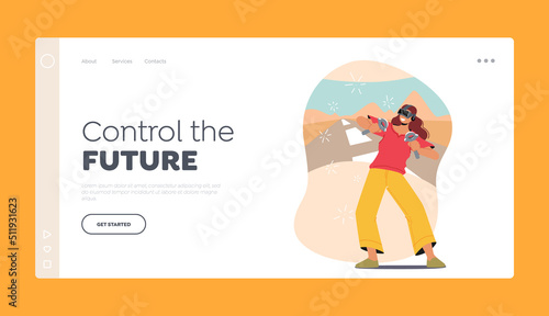 Virtual Reality Game Recreation Landing Page Template. Woman in Vr Headset Having Fun, Girl Driving Virtual Car