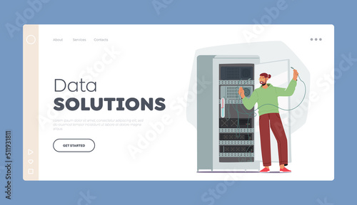 Data Solutions Landing Page Template. System Administrator Character Servicing Server Racks. Sysadmin Upkeeping Computer