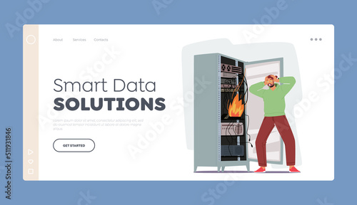 Smart Data Solutions Landing Page Template. System Administrator or Sysadmin Servicing Server Racks with Burning Fire