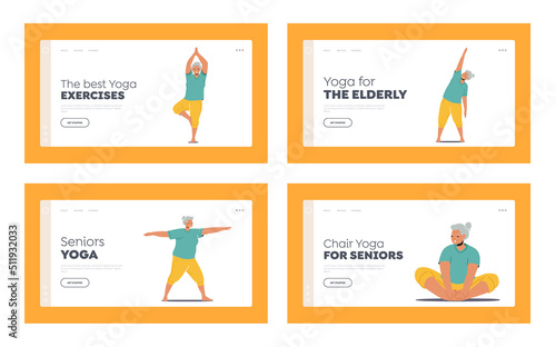 Yoga for Elderly People, Healthy Lifestyle, Meditation Landing Page Template Set. Female Characters Practice Yoga