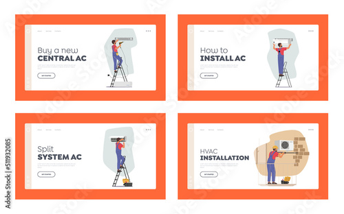 Air Conditioner Systems Installation Landing Page Template Set. Repairman Character Installing, Examining Equipment