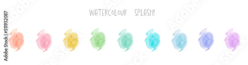 Set of abstract colour watercolor water splash on a white background. Vector watercolour texture in very peri color. Ink paint brush stain. Purple soft light blot. Watercolor rainbow splash