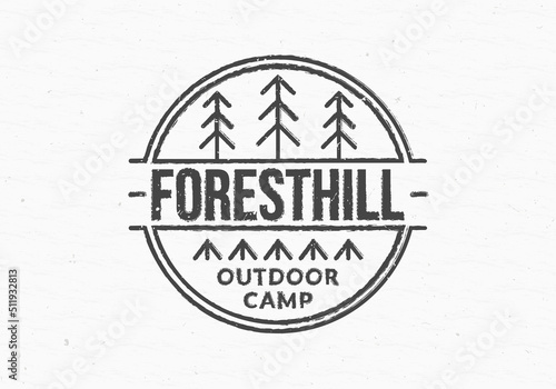 Camp logo. Outdoor Camping badge with forest and tourist tents. Retro stamp or seal design isolated on the grunge background. Vector illustration.