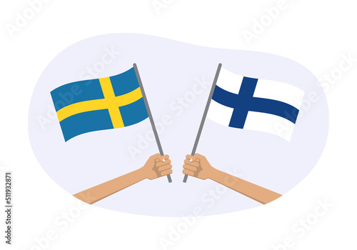 Finland and Sweden flags. Swedish and Finnish national symbols. Hand holding waving flag. Vector illustration.