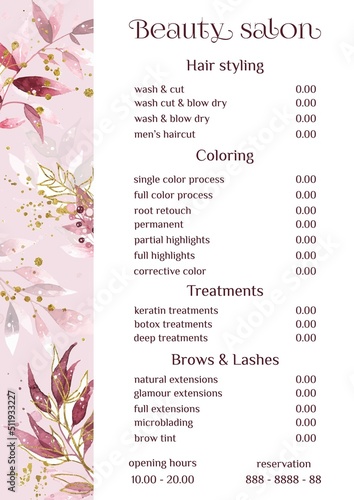  Vector Illustration sticker business card for beauty salon with pricelist and special offer opening hours and phone number for reservation decorated with botanical art texture. A4 printable template
