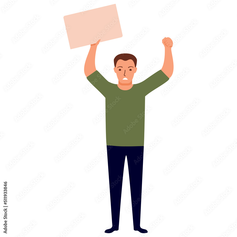Male activist character.Hand holding empty banner.Concept of big sale, discount.Man holding clean placard.Isolated on white background. Vector flat illustration.