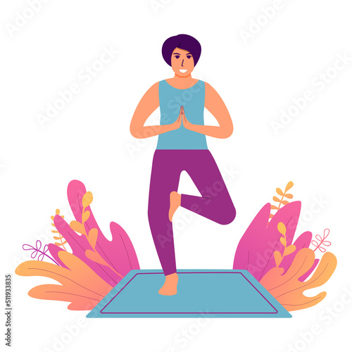 Woman standing in tree pose yoga.Female practicing yoga hand drawn.Girl in yoga Vrikshasana asana.Character cartoon vector illustration.