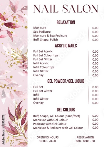  Vector Illustration sticker business card for nail salon decorated with botanical art texture with pricelist and special offer. A4 printable template