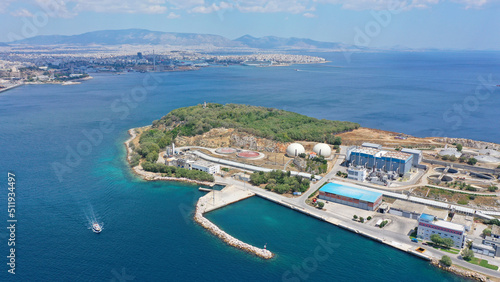 Aerial drone photo from island of Psitaleia the largest sewage treatment plant in Europe, Saronic gulf, Peiraeus, Attica, Greece