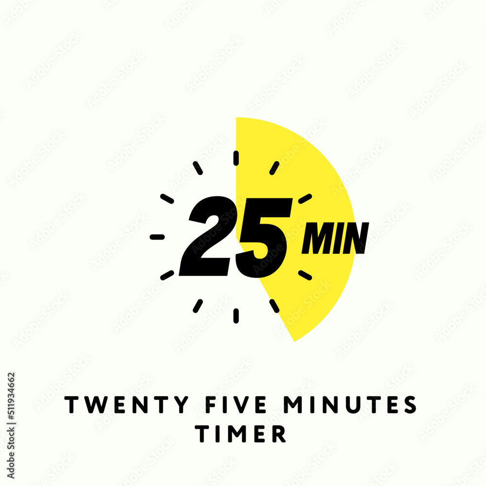 25 Minutes Timer Icon, Modern Flat Design. Clock, Stopwatch, Chronometer Showing Twenty Five Minutes Label. Cooking time, Countdown Indication. Isolated Vector eps. 25 Minutes Timer Icon, Modern Flat Design. Clock, Stopwatch, Chronometer Showing Twenty Five Minutes Label. Cooking time, Countdown Indication. Isolated Vector eps.