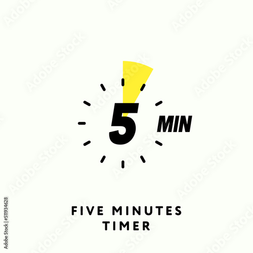 5 Minute Timer Icon, modern flat design. Clock, stop watch, chronometer showing five minutes label. Cooking time, countdown indication. Isolated Vector eps.