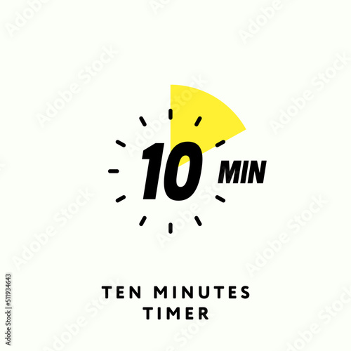 10 Minutes Timer Icon, modern flat design. Clock, stop watch, chronometer showing ten minutes label. Cooking time, countdown indication. Isolated Vector eps.