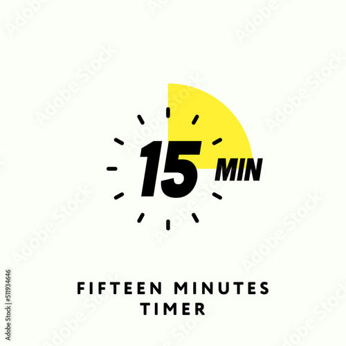 15 Minutes Timer Icon, Modern Flat Design. Clock, Stopwatch, Chronometer Showing Fifteen Minutes Label. Cooking time, Countdown Indication. Isolated Vector eps.