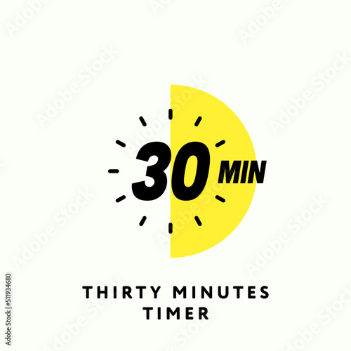 30 Minutes Timer Icon, Modern Flat Design. Clock, Stopwatch, Chronometer Showing Thirty Minutes (Half of Hour) Label. Cooking time, Countdown Indication. Isolated Vector eps.