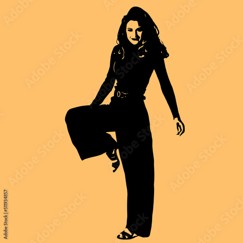 Beauty and fashion concept. Illustration of beautiful woman with dark clothes, long wavy hair, sexy and slim body silhouette in yellow background with copy space. Retro style. Model posing to camera
