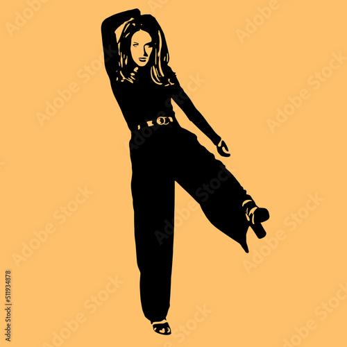 Beauty and fashion concept. Illustration of beautiful woman with dark clothes, long wavy hair, sexy and slim body silhouette in yellow background with copy space. Retro style. Model posing to camera