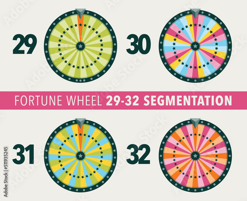 Collection of fortune wheel flat illustrations. 29, 30, 31 and 32 segmentation fortune wheel objects.