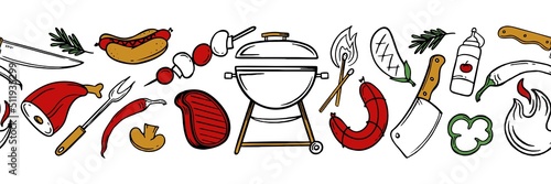 Horizontal pattern with grill and barbecue elements for restaurant bar cafe menu on white background Vector illustration of doodles