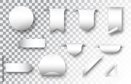 White blank paper stickers set isolated. Mockup Realistic vector paper template with soft shadow.