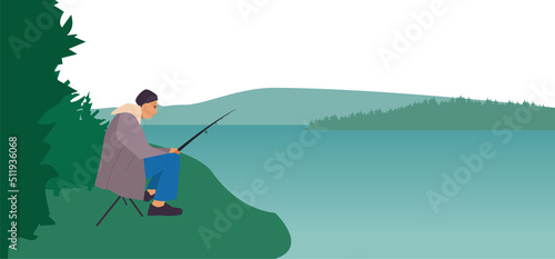 Fisherman fishing. Camping on the banks of a fast mountain river. Overnight near bonfire. Summer landscape and beautiful sunrise. Illustration vector