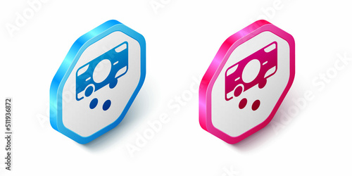 Isometric Stacks paper money cash icon isolated on white background. Money banknotes stacks. Bill currency. Hexagon button. Vector
