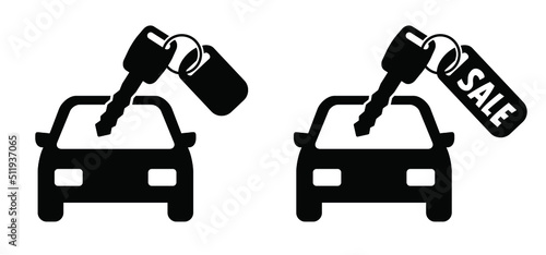 Rent a car service. Cartoon new car for sale iand car keys. con or pictogram. Concept buying or renting a new or used auto. Vector car key as a gift, deal. Cars delivery logo or symbol. Sales concept.