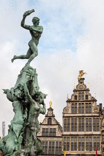 Market square in center of Antwerp with Brabo fountain  Belgium. © Jan van der Wolf