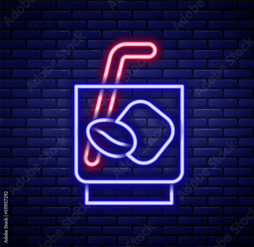 Glowing neon line Espresso tonic coffee icon isolated on brick wall background. Colorful outline concept. Vector