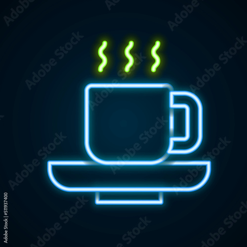 Glowing neon line Coffee cup icon isolated on black background. Tea cup. Hot drink coffee. Colorful outline concept. Vector