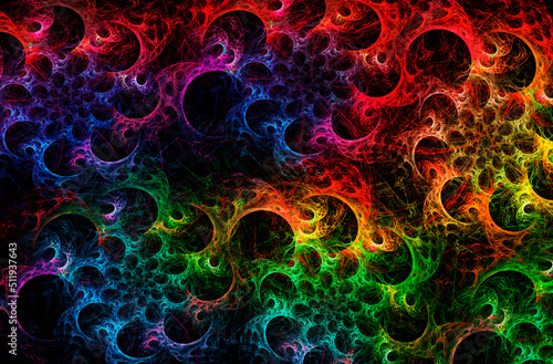 Abstract fractal background with cosmic glow. Cosmic rainbow colored flowers. Horizontal banner. Used for design and creativity, for screensavers.