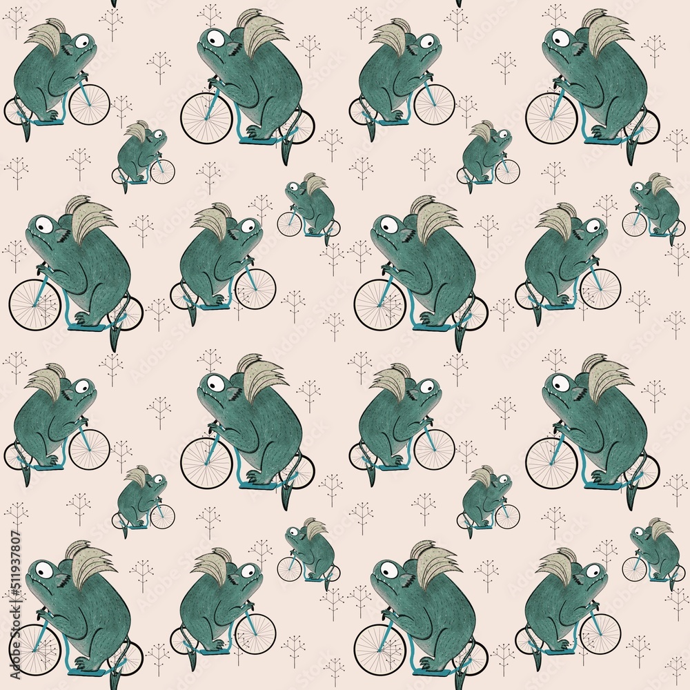 Obraz premium Seamless pattern with cute green dragons on bicycle. Fairytale animal with wings on beige background. Illustration for kids design, textile, fabric, wallpapers, nursing, paper, books, toys.