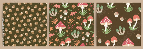 Set of hand-drawn seamless patterns with wild mushrooms and autumn leaves. Colorful seasonal illustration for paper and gift wrap. Fabric print design. Creative stylish background.