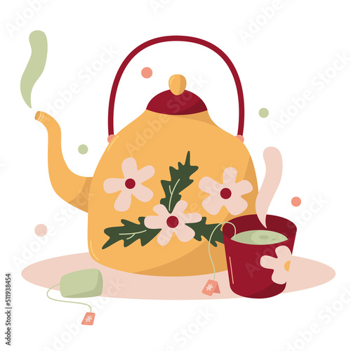 Vector hand drawn illustration cozy chamomile hot tea pot kettle and cup with herbal tea Tea time