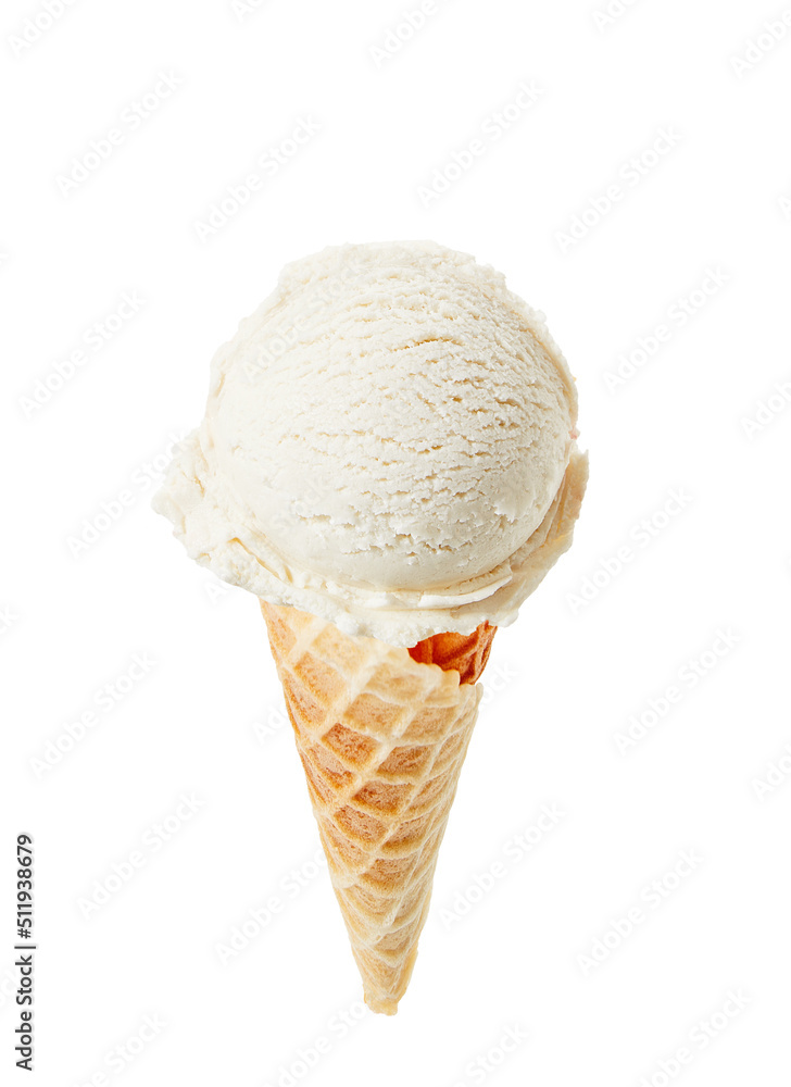Vanilla ice cream scoop with cone isolated on white background Vanilla ice cream scoop with cone isolated on white background